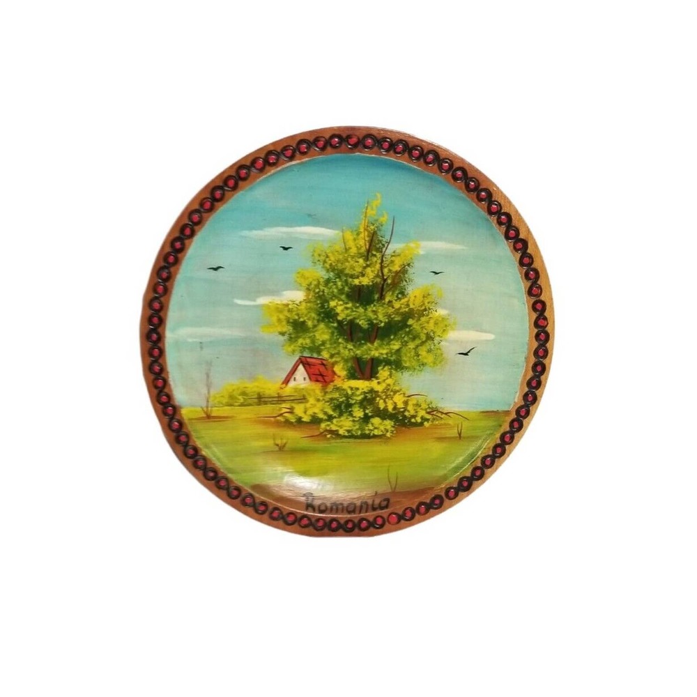 Vintage Romania Hand Painted Farm Country Scene Wood Wall Art Souvenir 6" Plate